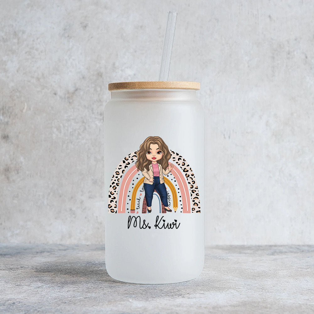 Custom Female Teacher Rainbow With Name Glass Bottle/Frosted Bottle With Lid & Straw, Gift For Teacher AF