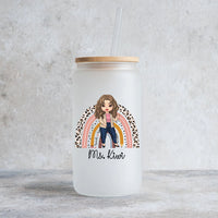 Thumbnail for Custom Female Teacher Rainbow With Name Glass Bottle/Frosted Bottle With Lid & Straw, Gift For Teacher AF
