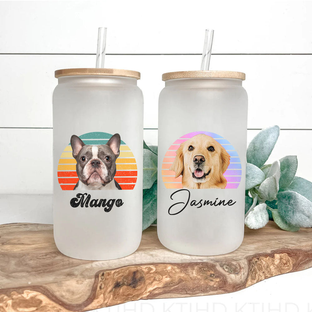 Custom Retro Style Dog Cat Photo Glass Bottle/Frosted Bottle With Lid & Straw, Pet Lover Gift AF