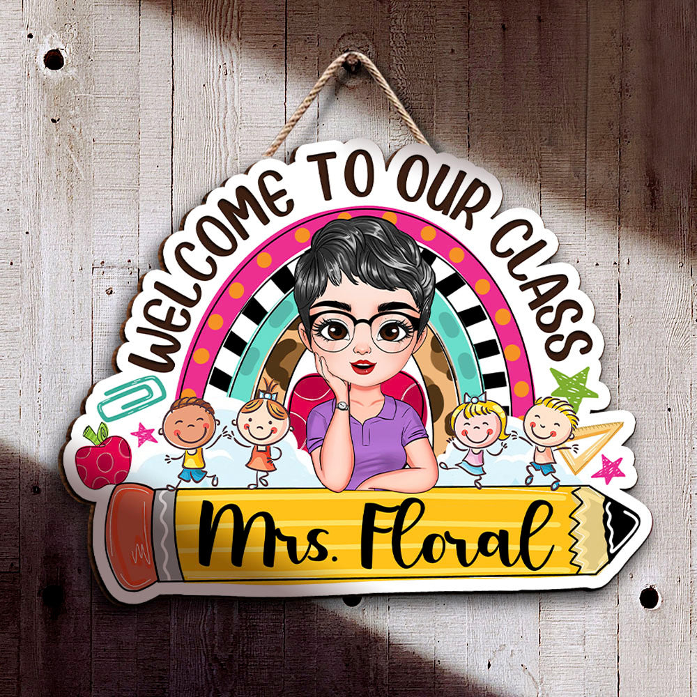 Personalized Rainbow Teacher Welcome Door Sign, Classroom Decor Gift For Teachers FC