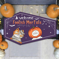 Thumbnail for Personalized Coffin Shaped Doormat - Halloween Gift For Cat Lovers - Welcome Foolish Mortals AB