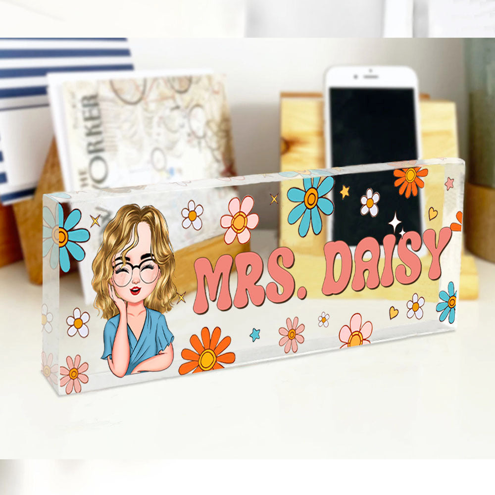 Custom Flowers Retro Magic Teacher Name Acrylic Desk Name Plate, Gift For Teacher AI