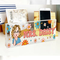 Thumbnail for Custom Flowers Retro Magic Teacher Name Acrylic Desk Name Plate, Gift For Teacher AI