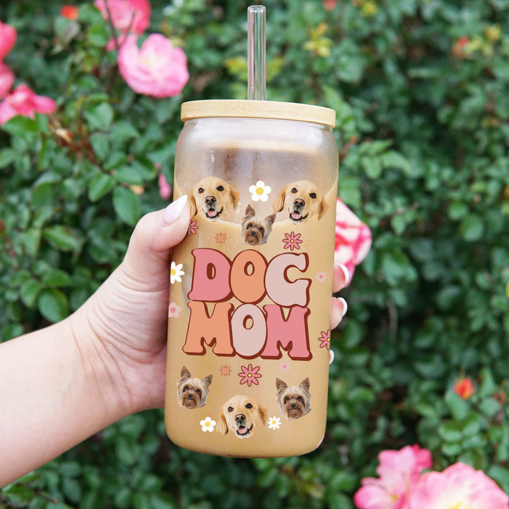 Custom Dog Mom Cat Mom Photo Glass Bottle/Frosted Bottle With Lid & Straw, Pet Lover Gift AF
