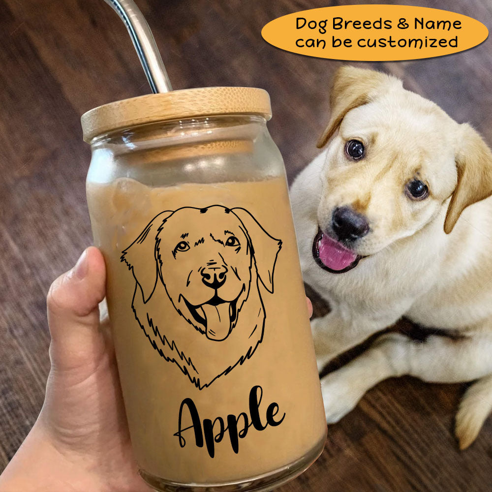 Custom Dog Face Line Drawing Glass Bottle/Frosted Bottle With Lid & Straw AF