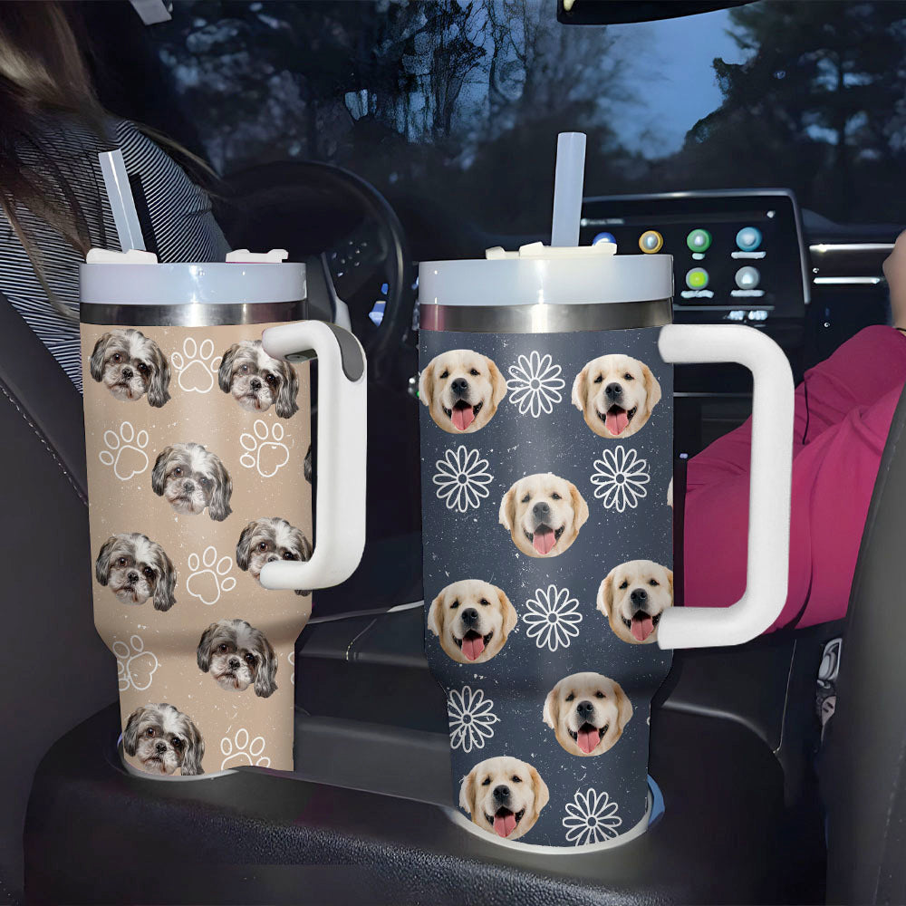 Personalized 40 oz Tumbler With Handle and Straw Lid - Gift For Pet Lovers - Dog Cat Face Photo Retro Style FC