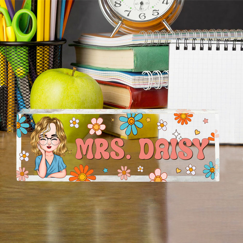 Custom Flowers Retro Magic Teacher Name Acrylic Desk Name Plate, Gift For Teacher AI