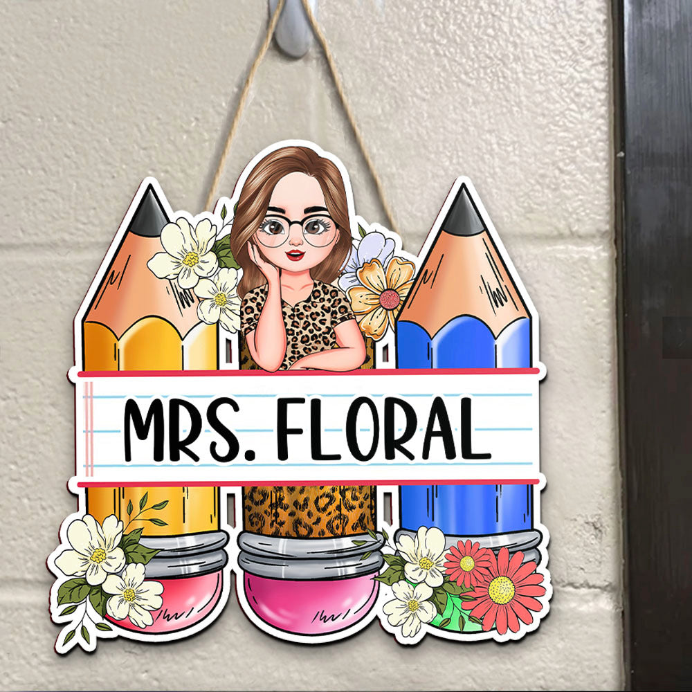 Custom Teacher Name Pencils Flowers Shaped Door Sign, Gift For Teacher AE