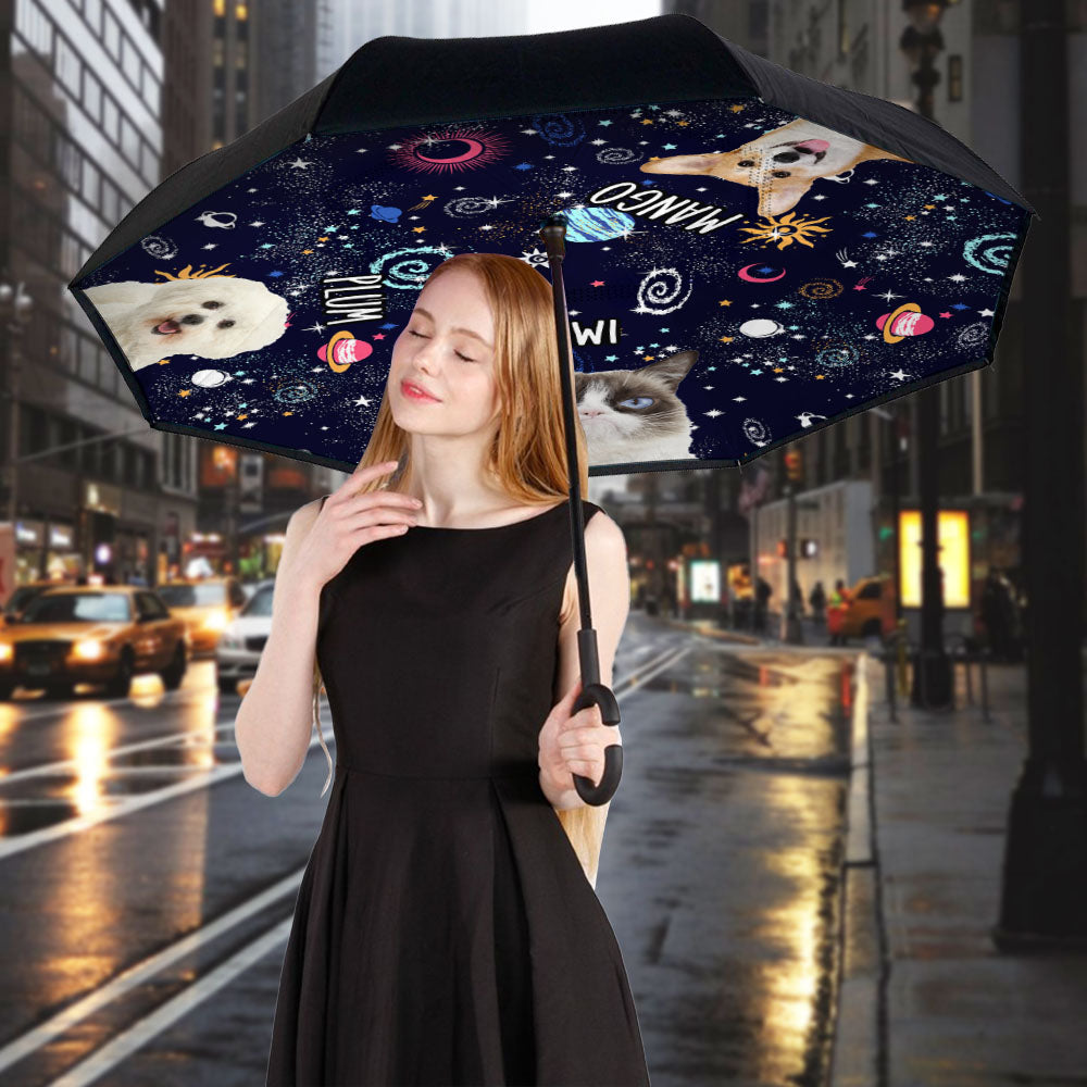 Custom Galaxy Dog Cat Photo With Name Windproof Reverse Upside Down C-Handle Double Layer Umbrella, Pet Lover Gift JonxiFon