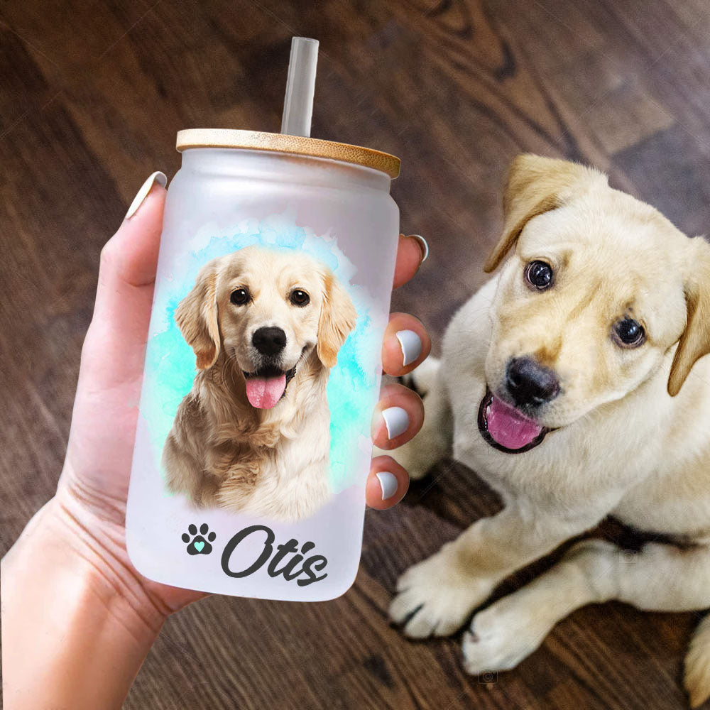 Custom Dog Cat Photo Portraits With Paws Glass Bottle/Frosted Bottle With Lid & Straw, Pet Lover Gift AF
