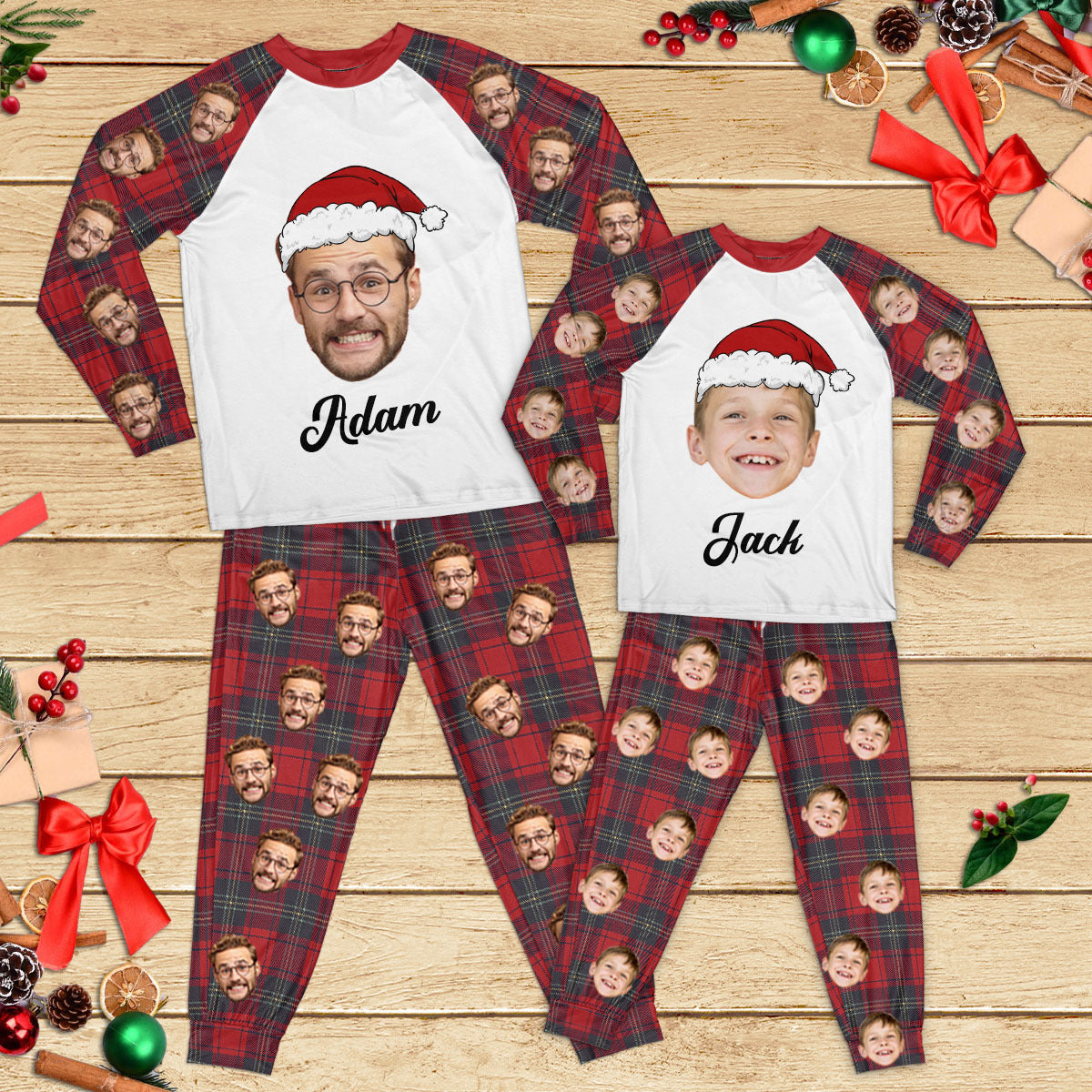 Personalized Raglan Pajamas Set - Christmas Gift For Family - Red Buffalo Plaid Letter Matching Family Pajamas Merchize