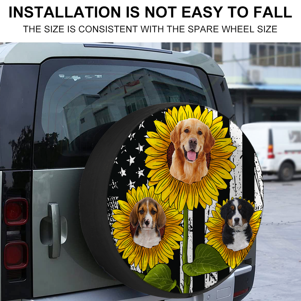Personalize Pet Photo American Flag Sunflower Spare Tire Cover, Gift For Dog Cat Lovers FC