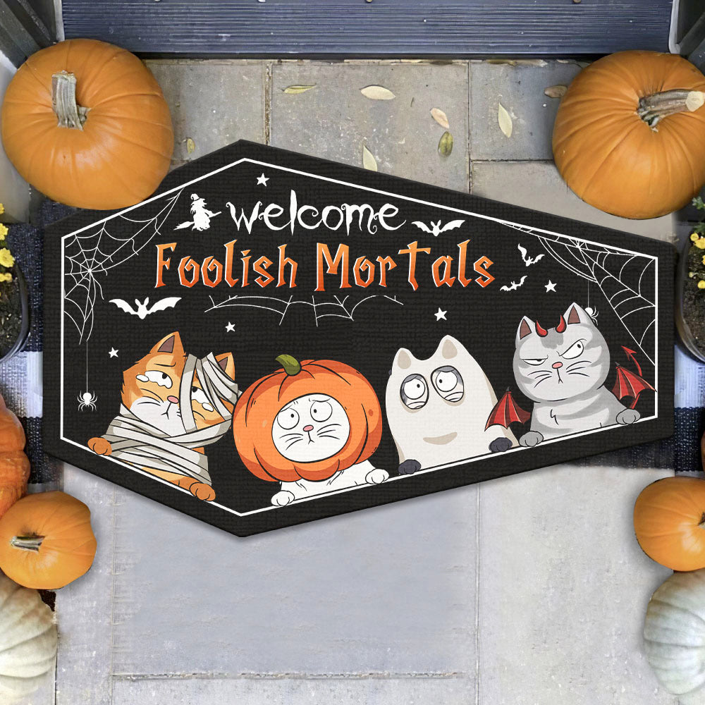 Personalized Coffin Shaped Doormat - Halloween Gift For Cat Lovers - Welcome Foolish Mortals AB
