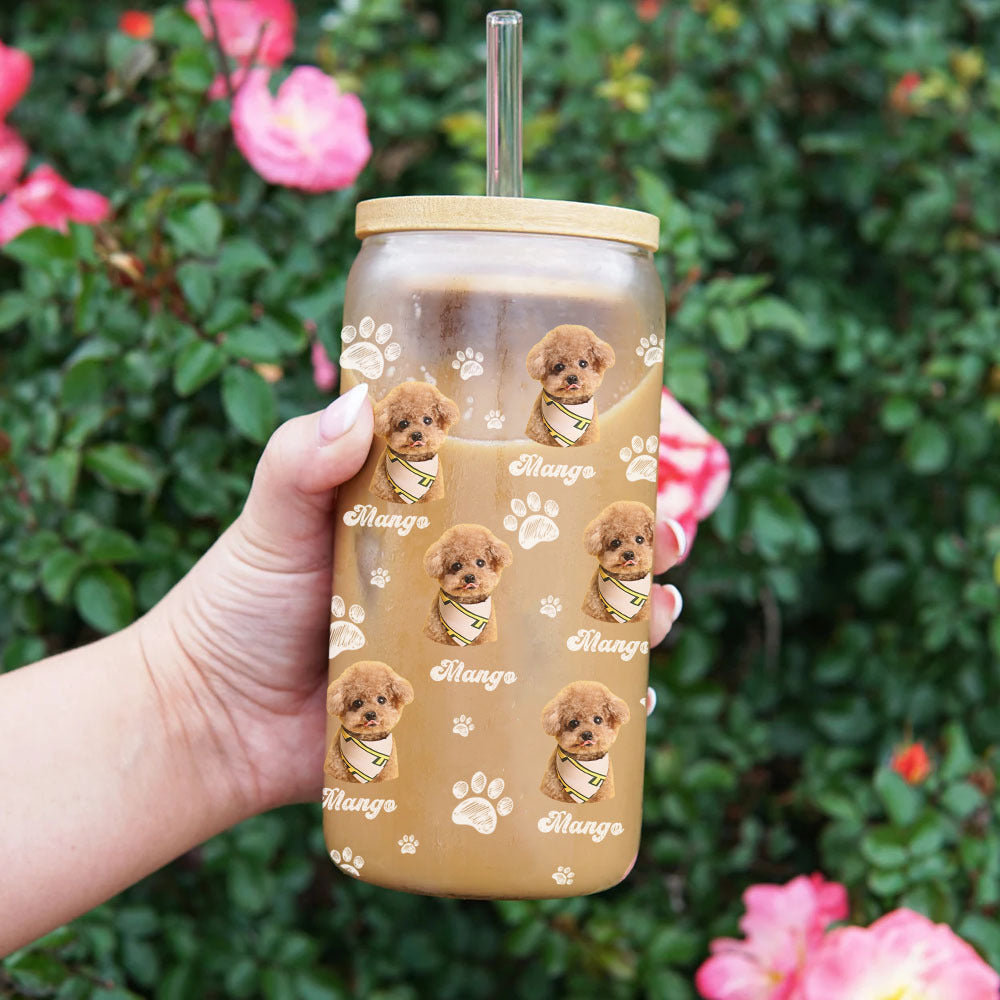 Custom Photo With Name Dog Cat Glass Bottle/Frosted Bottle With Lid & Straw, Pet Lover Gift AF