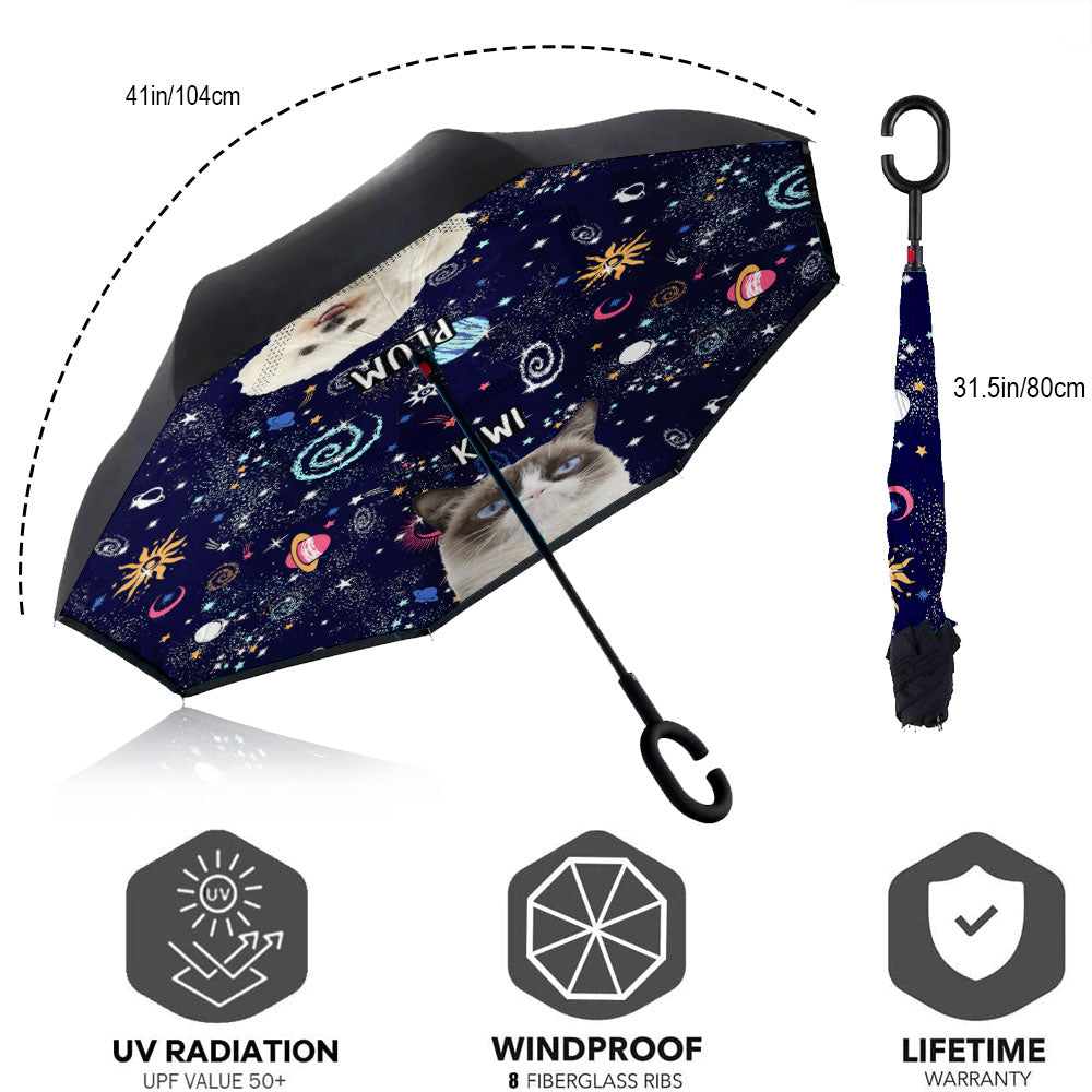 Custom Galaxy Dog Cat Photo With Name Windproof Reverse Upside Down C-Handle Double Layer Umbrella, Pet Lover Gift JonxiFon