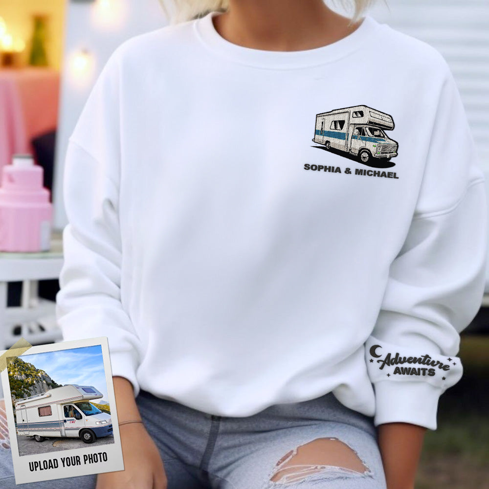 Personalized Embroidered T-shirt, Sweatshirt, Hoodie - Gift For Camping Lovers - Embroidery Camping RV Photo FC