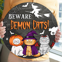Thumbnail for Custom Beware Demon Cat Round Door Sign, Halloween Decorations AE