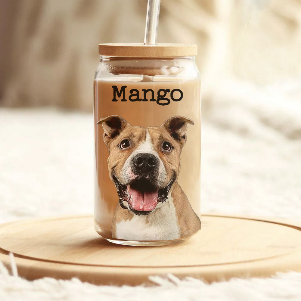 Custom Portrait Photo Glass Can With Lid & Straw, Pet Lover Gift FC