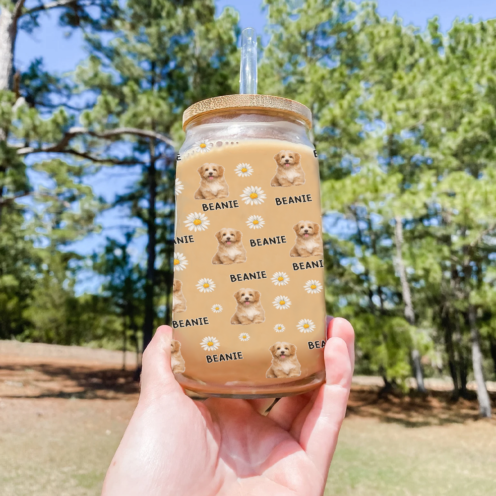 Personalized Pet Photo & Name Summer Glass Bottle/Frosted Bottle With Lid & Straw, Best Gift For Dog Cat Lovers AF