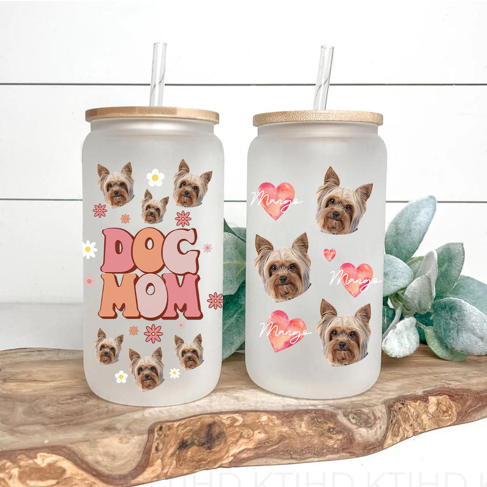 Custom Dog Mom Cat Mom Photo Glass Bottle/Frosted Bottle With Lid & Straw, Pet Lover Gift AF