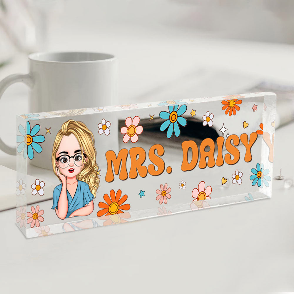 Custom Flowers Retro Magic Teacher Name Acrylic Desk Name Plate, Gift For Teacher AI