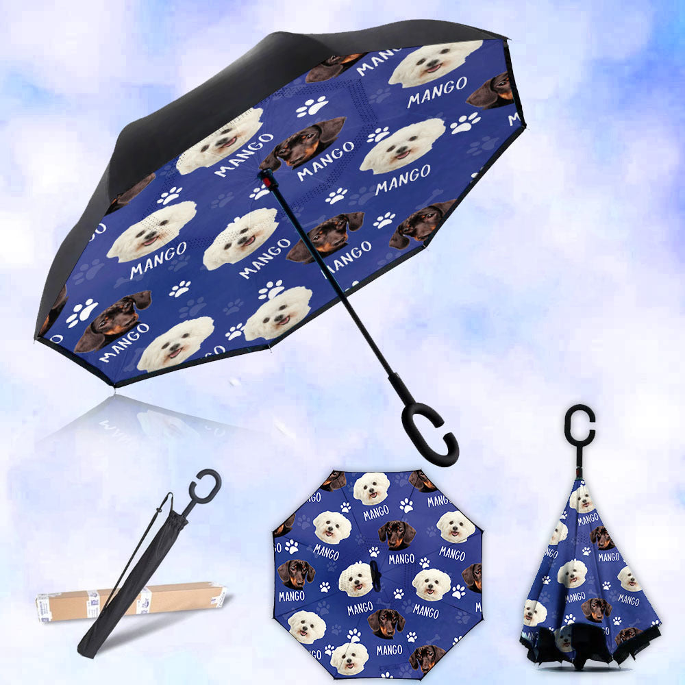 Custom Dog Cat Photo With Name Windproof Reverse Upside Down C-Handle Double Layer Umbrella, Pet Lover Gift JonxiFon