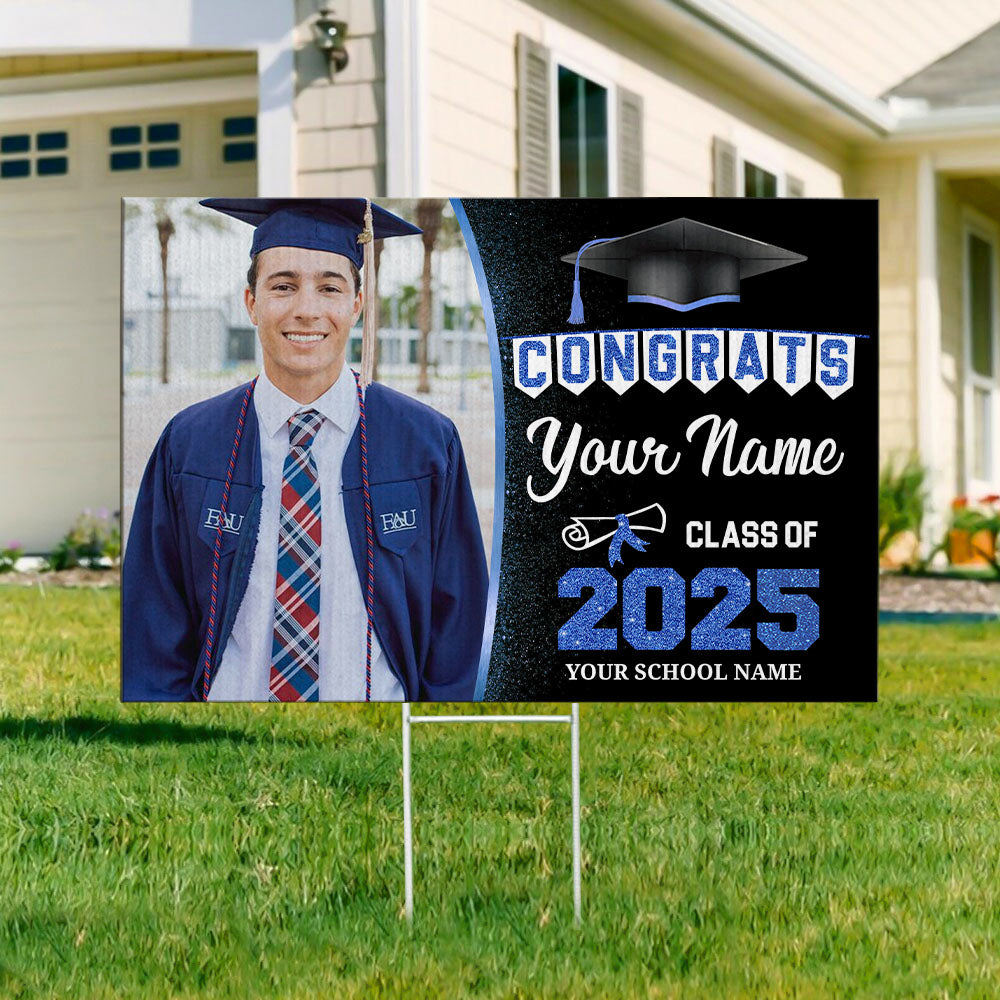 Congrats Class Of 2025 Personalized Photo Yard Sign With Stake, Graduation Decoration Gift