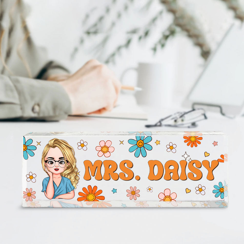 Custom Flowers Retro Magic Teacher Name Acrylic Desk Name Plate, Gift For Teacher AI