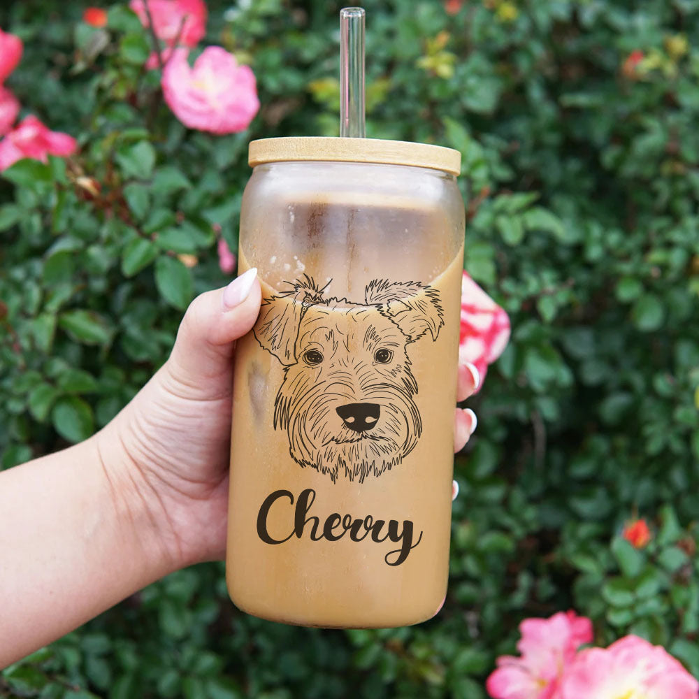 Custom Dog Face Line Drawing Glass Bottle/Frosted Bottle With Lid & Straw AF