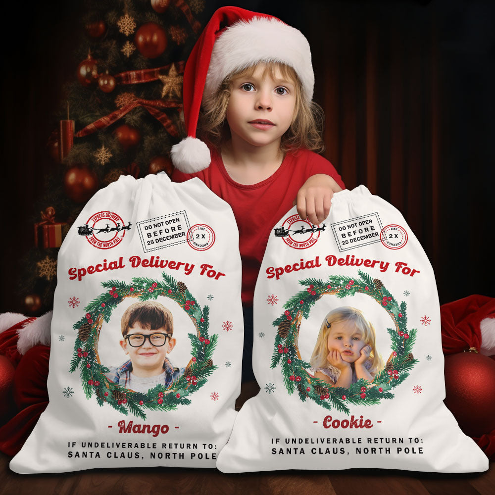 Personalized Santa Sack - Christmas Gift For Family & Pet Lover - Photo With Round Wreath AB