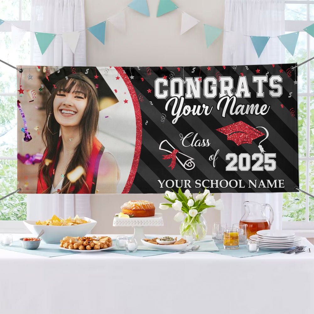 Custom Photo Congrats Class Of 2025 Glitter Graduation Banner, Graduation Decorations