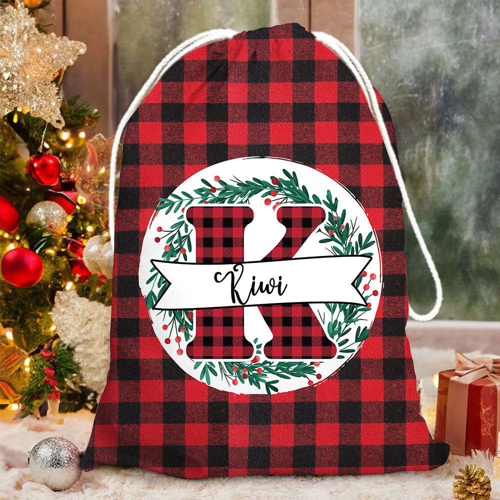 Custom Buffalo Plaid With Monogram Family Santa Sack, Christmas Gift AB
