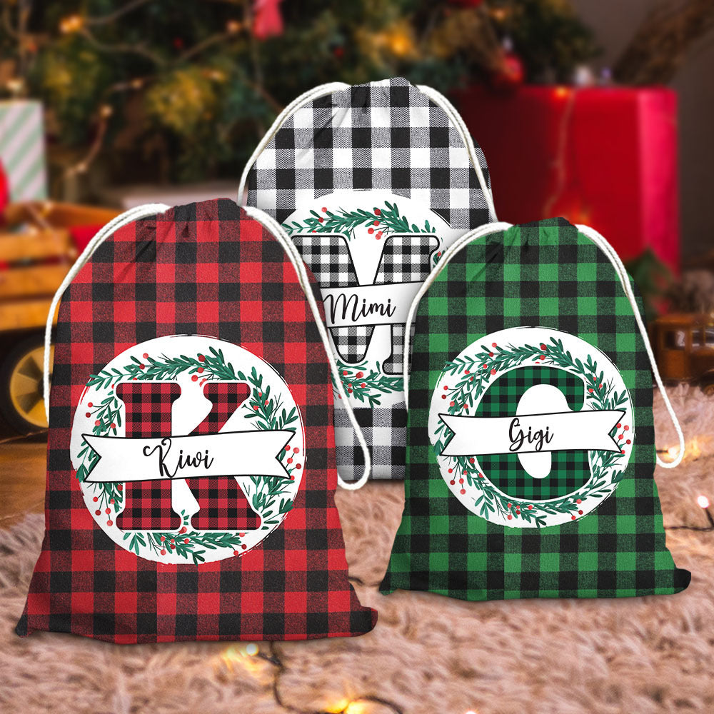 Custom Buffalo Plaid With Monogram Family Santa Sack, Christmas Gift AB