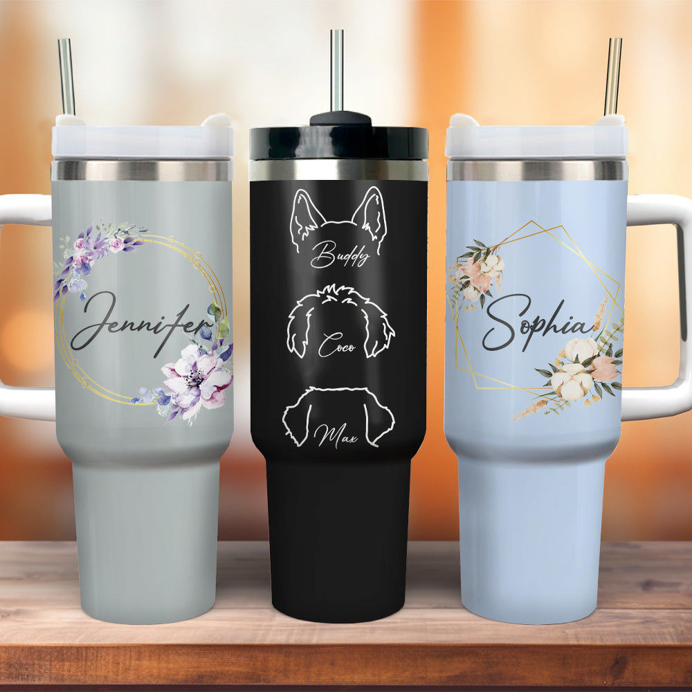 Personalized 40oz Tumbler - Gift For Pet Lovers - Floral Name Dog Face Line Drawing Yoycol