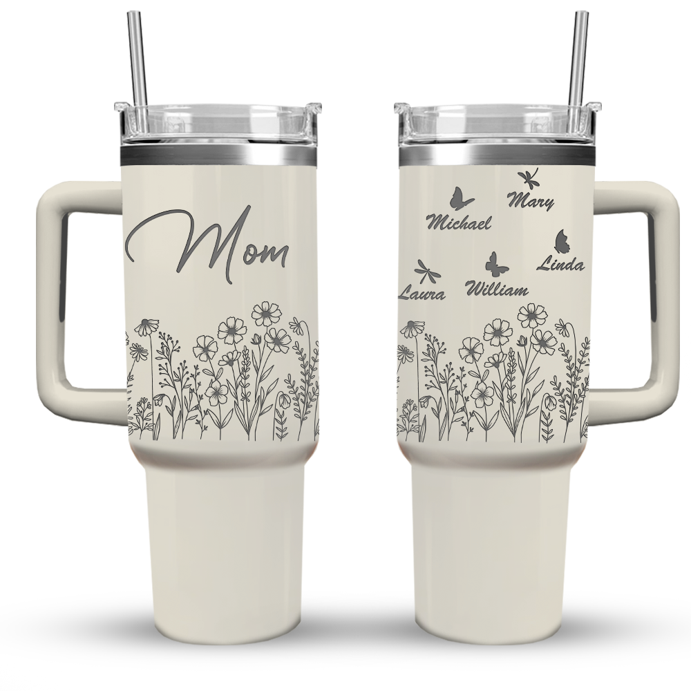 Personalized Insulated Engraved 40oz Tumbler - Mother's Day Gift - Floral Butterflies Mom And Kids YC