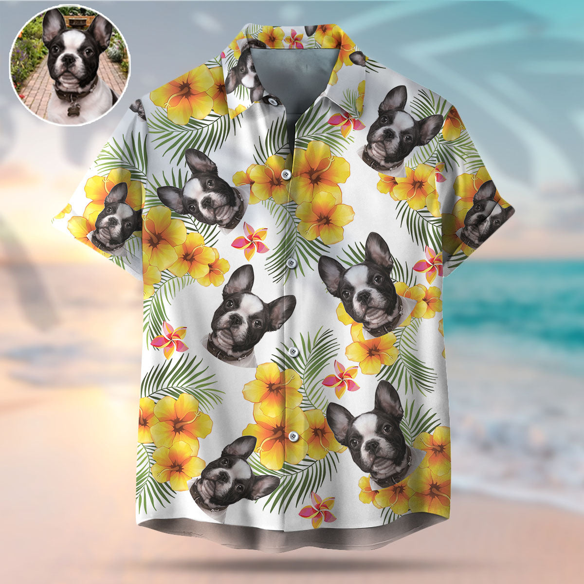 Custom Pet Face Photo White Hawaiian Shirt, Yellow Hibiscus AI