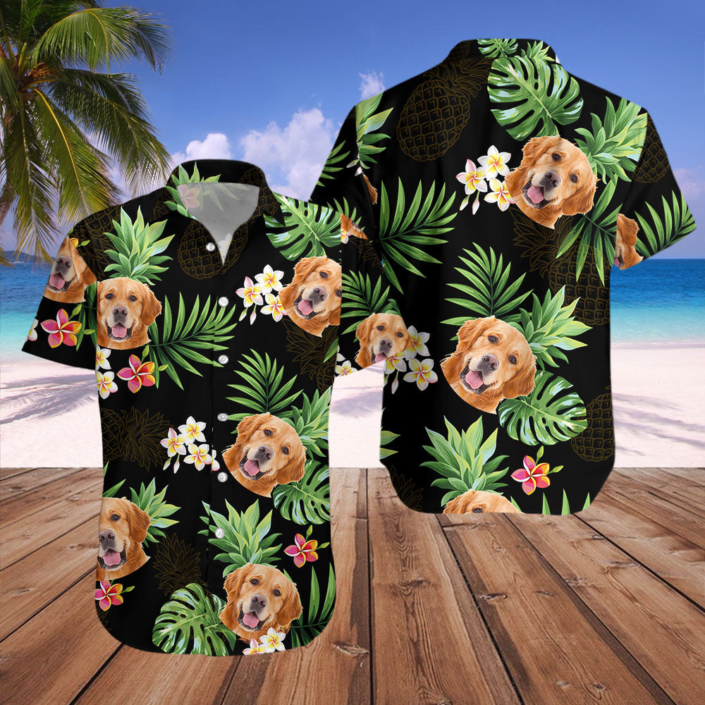 Custom Pet Face Photo Black Hawaiian Shirt, Palm Leaves Tropical AI