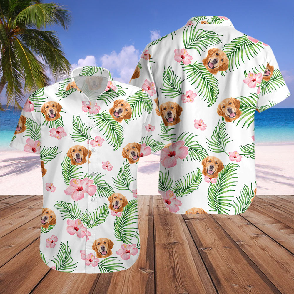 Custom Pet Face Photo White Hawaiian Shirt, Palm Leaves AI