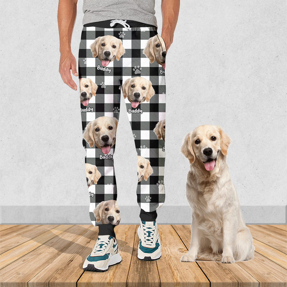 Pet Photo With Name Multicolor Buffalo Plaid Sweatpants, Custom Gift For Men and Women AB