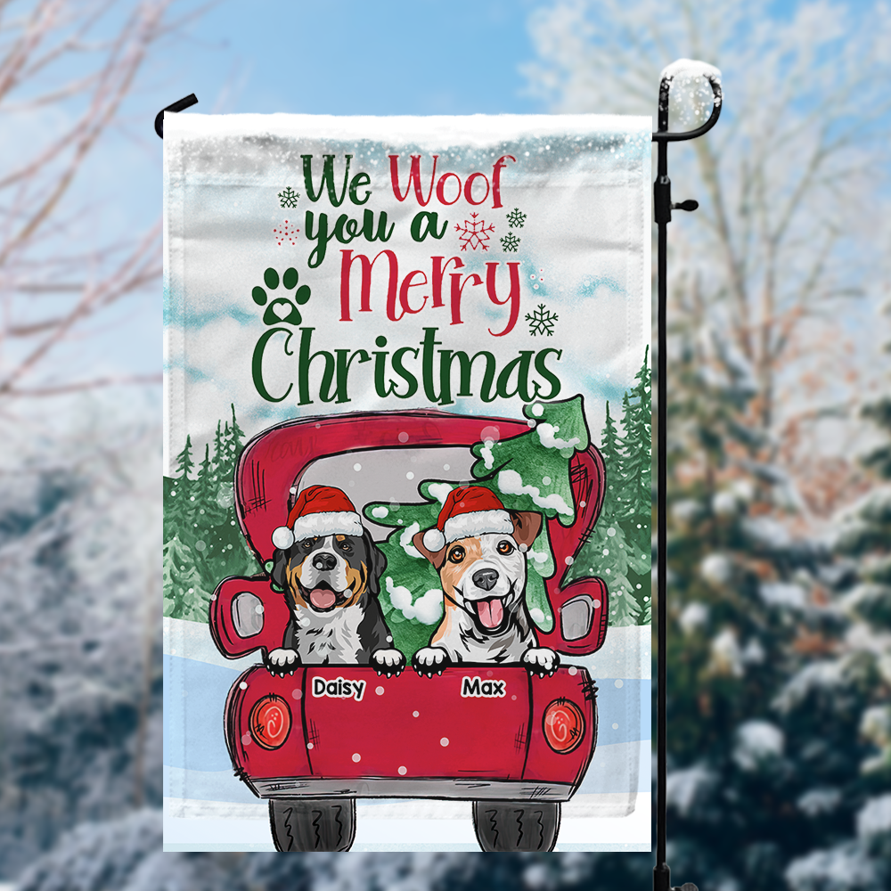 We Woof You A Merry Christmas Red Truck Personalized Dog Flag, Christmas House Decor AD