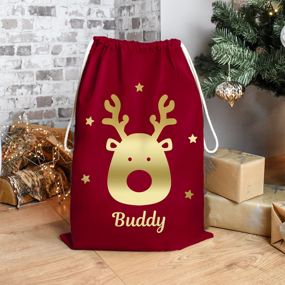 Custom Red With Reindeer Family Santa Sack, Christmas Gift AB