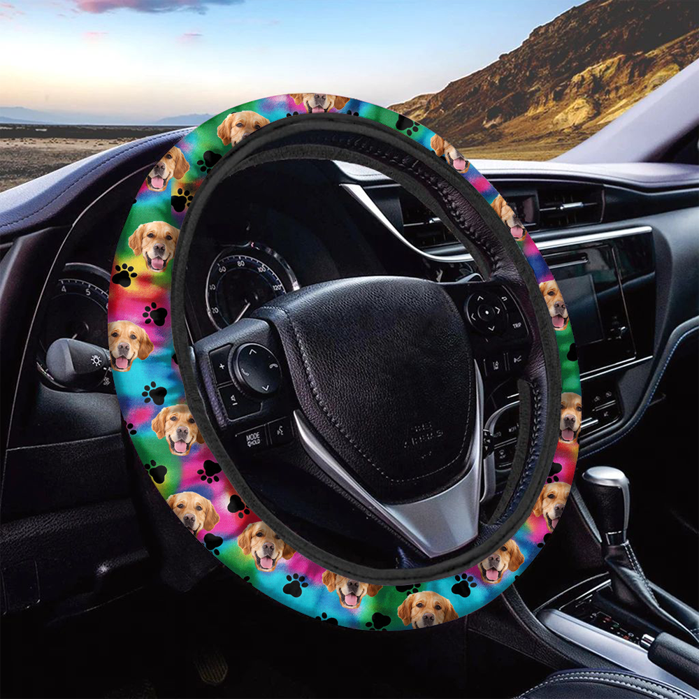 Custom Hologram Tie Dye Photo Dog Cat Car Steering Wheel Cover, Pet Lover Gift FC