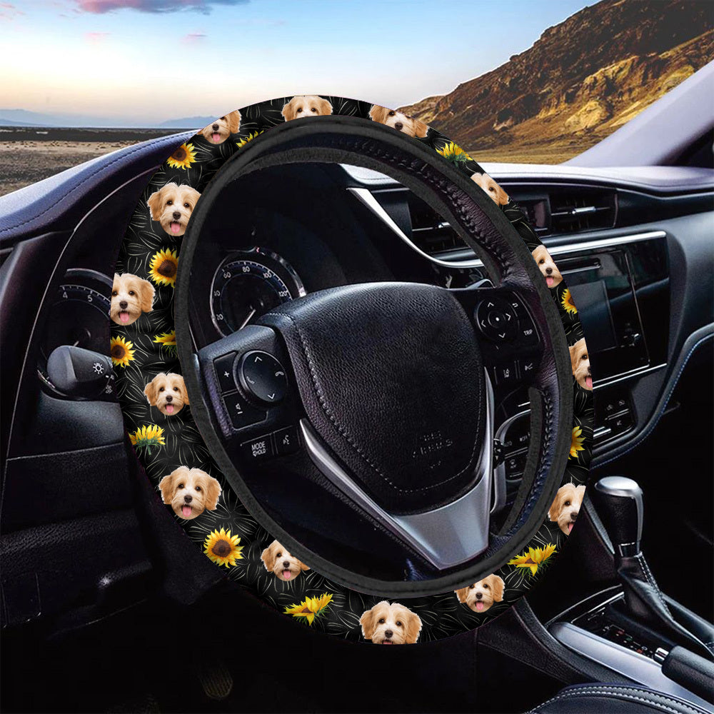 Personalized Dog Cat Face Sunflower Pattern Steering Wheel Cover, Pet Lover Gift FC