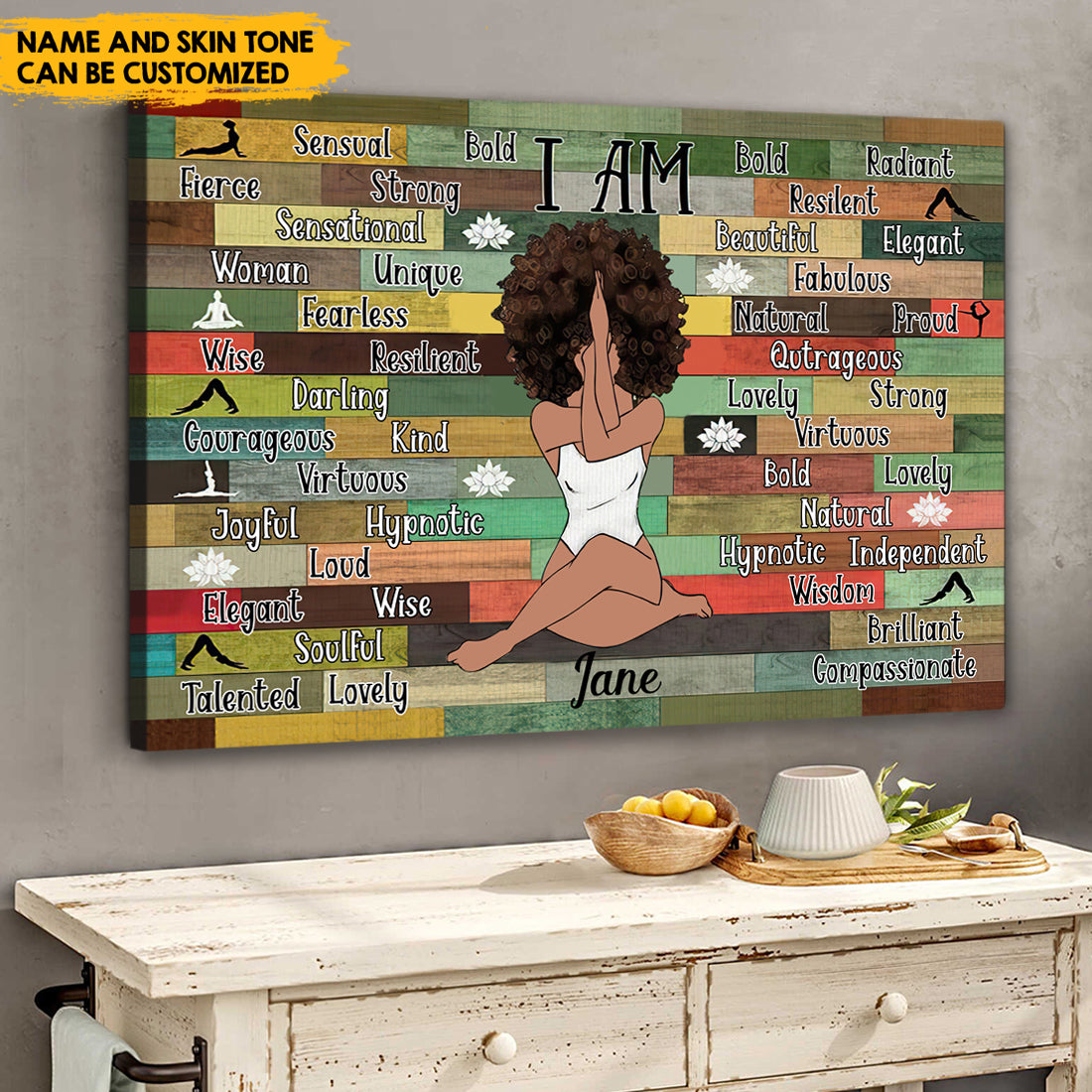 Afro Girl Yoga Vintage - Customized Name And Skintone Canvas AK