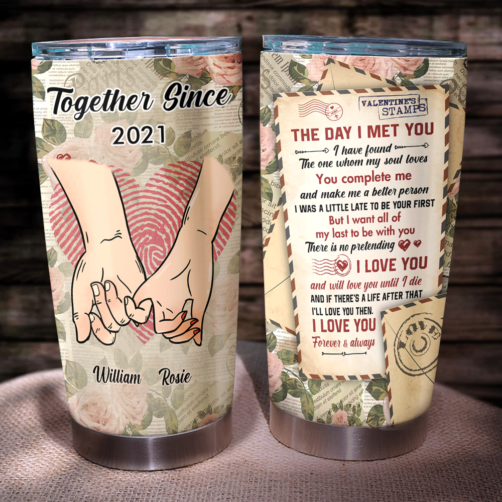 Personalized Hand In Hand Vintage Love Letter Couple Tumbler, Valentine's Day Gift AA