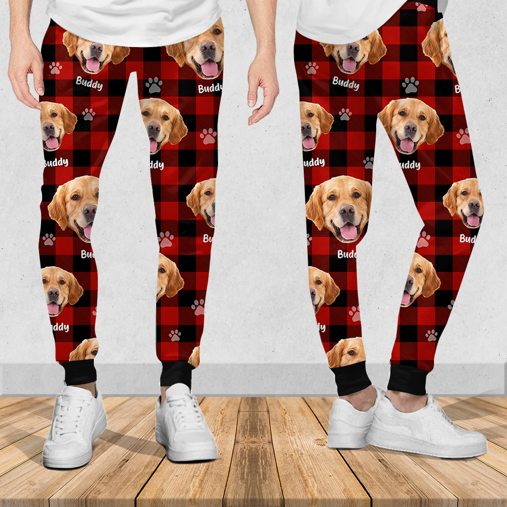 Pet Photo With Name Multicolor Buffalo Plaid Sweatpants, Custom Gift For Men and Women AB