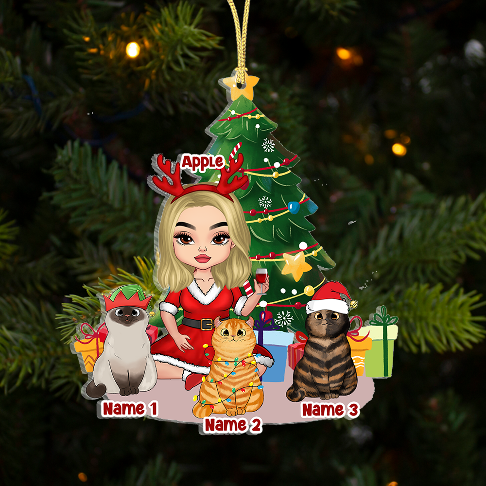 Personalized Girl With Cat At Home Christmas Printed Acrylic Ornament, Gift For Cat Lover AE