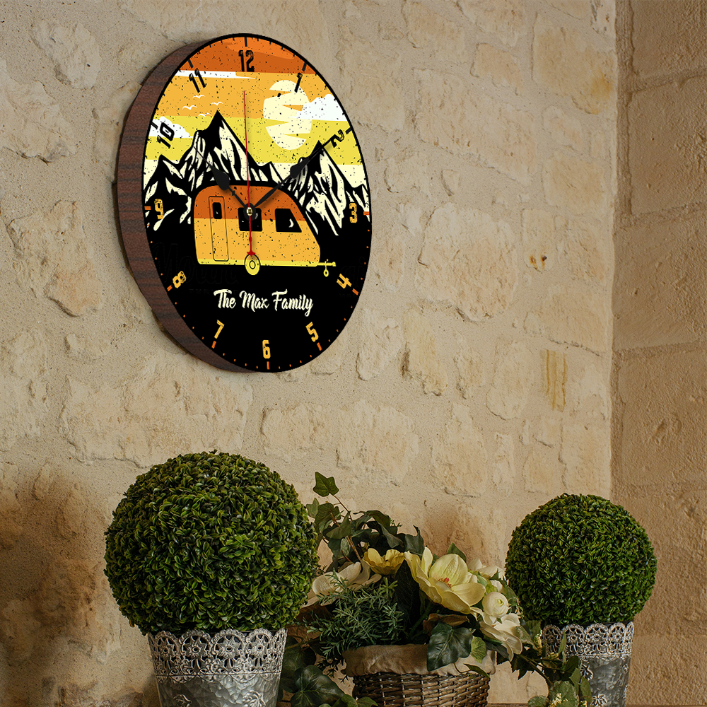 Custom Retro Vintage Mountain Camping Photo Wall Wood Clock, Gift For Camper AH