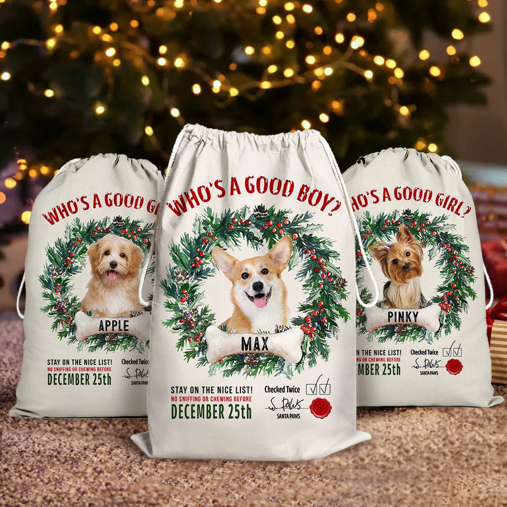 Custom Dog Photo & Bone With Wreath Christmas Bag, Christmas Gift AB