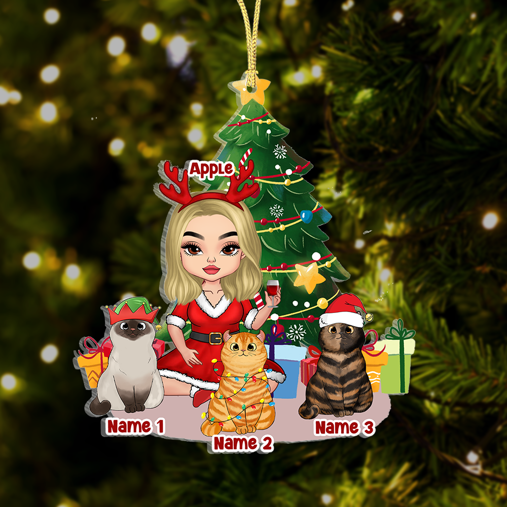 Personalized Girl With Cat At Home Christmas Printed Acrylic Ornament, Gift For Cat Lover AE